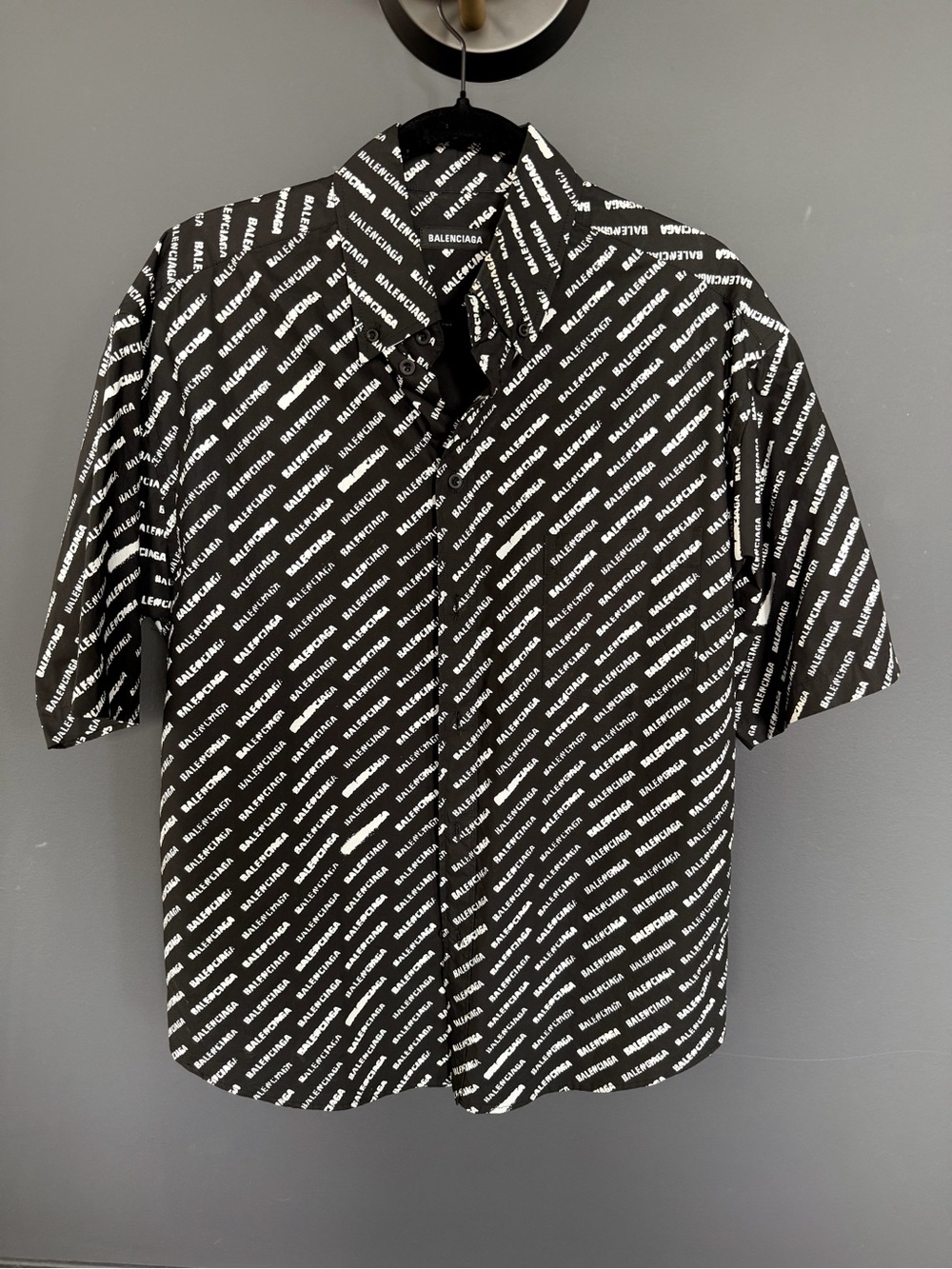 Balenciaga Black Short-Sleeve All-Over Logo Button-Down Shirt